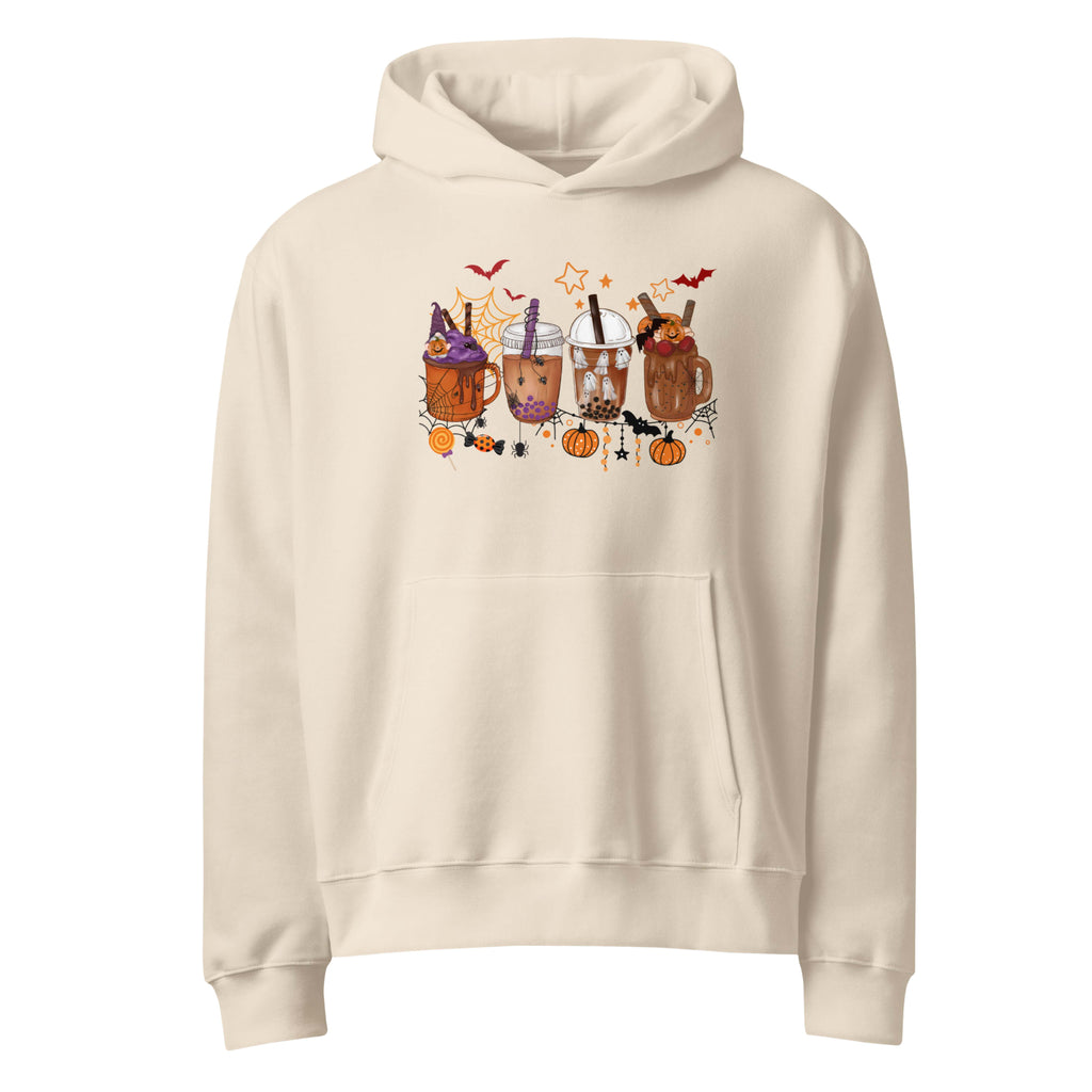 Beige hoodie with Halloween-themed mug designs on a white background