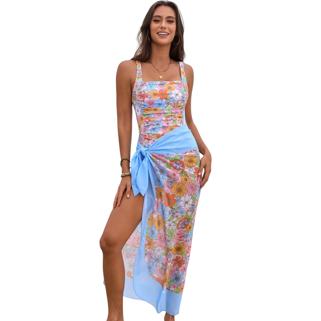 SQUARE NECK PRINTED ONE-PIECE SWIMWEAR AND COVER UP SWIM SET