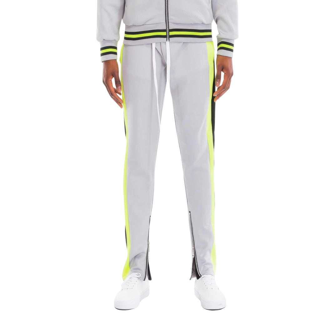 Gray tracksuit with neon yellow stripes on a white background
