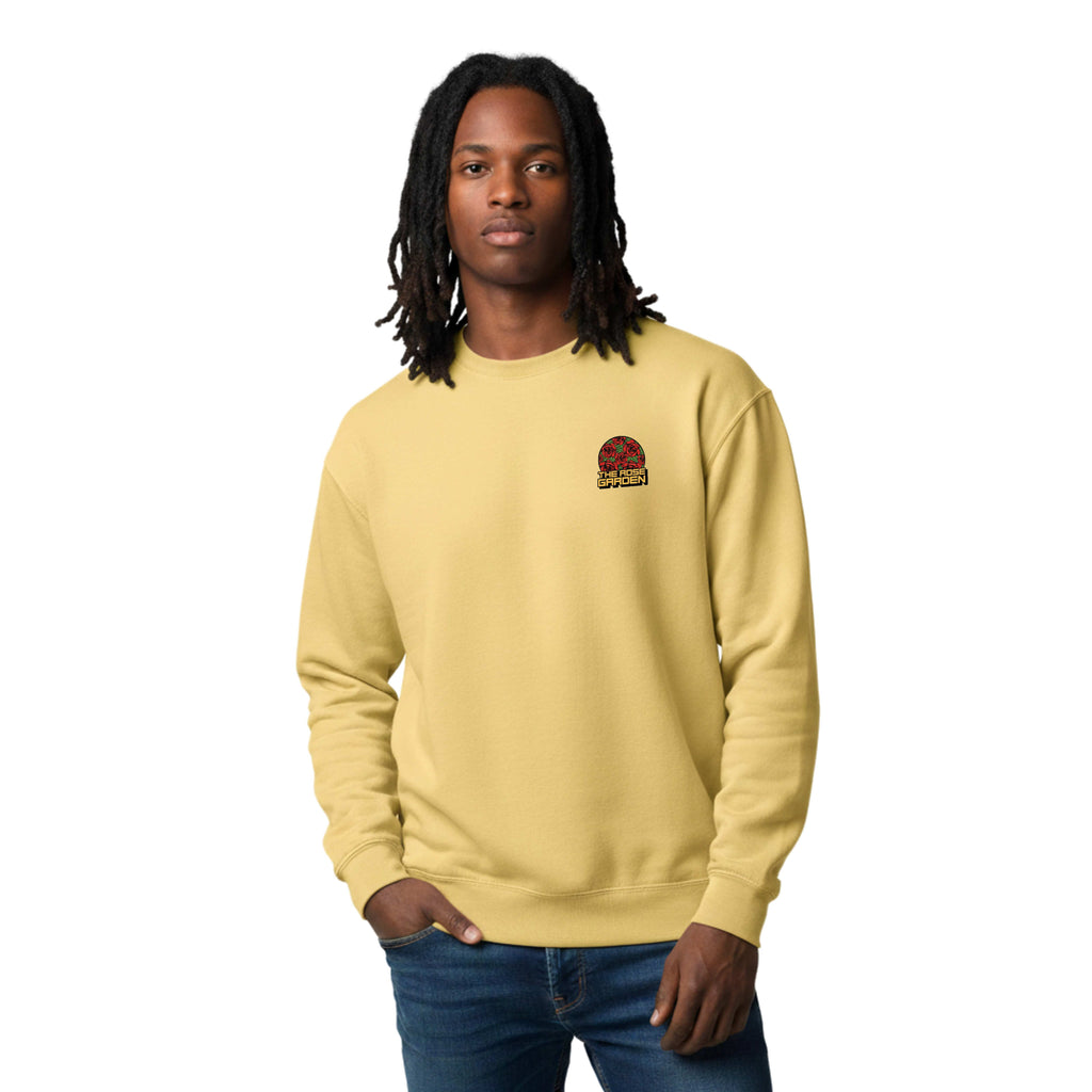Man wearing a yellow sweatshirt with a logo on a white background