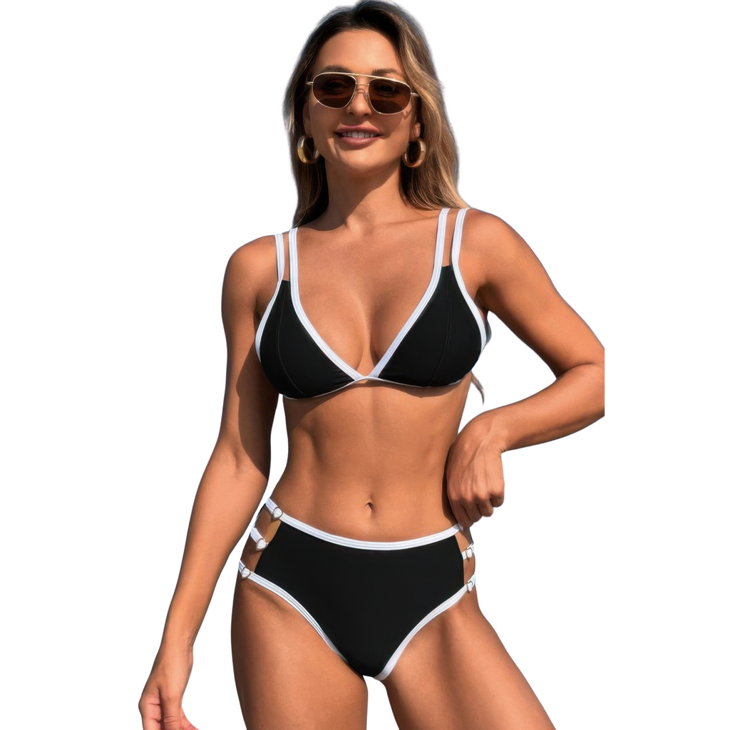 TWO-PIECE COLOR BLOCK CUT-OUT BACK KNOT BIKINI
