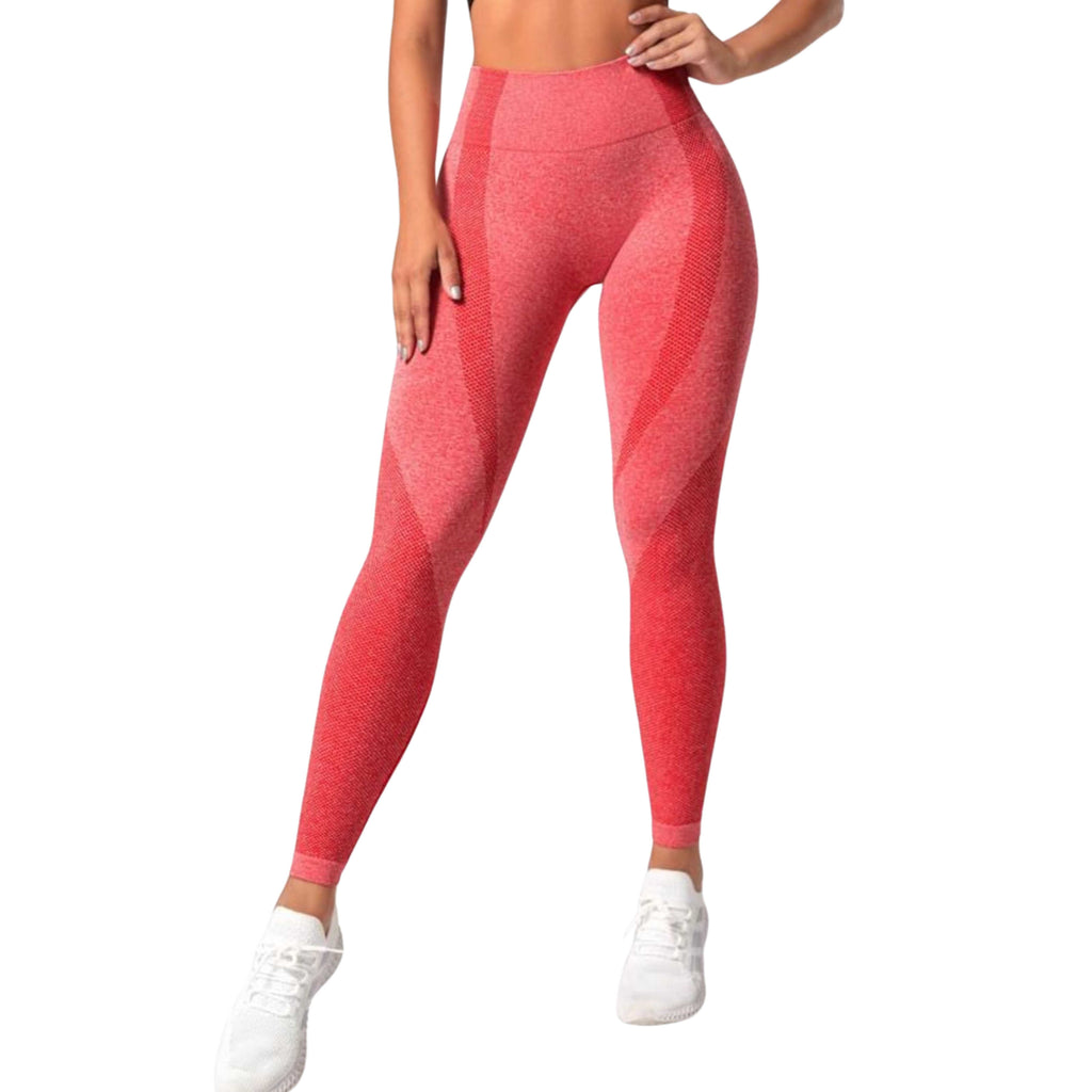 A pair of high-waisted red active leggings with a solid pattern, designed for fitness and sportswear.