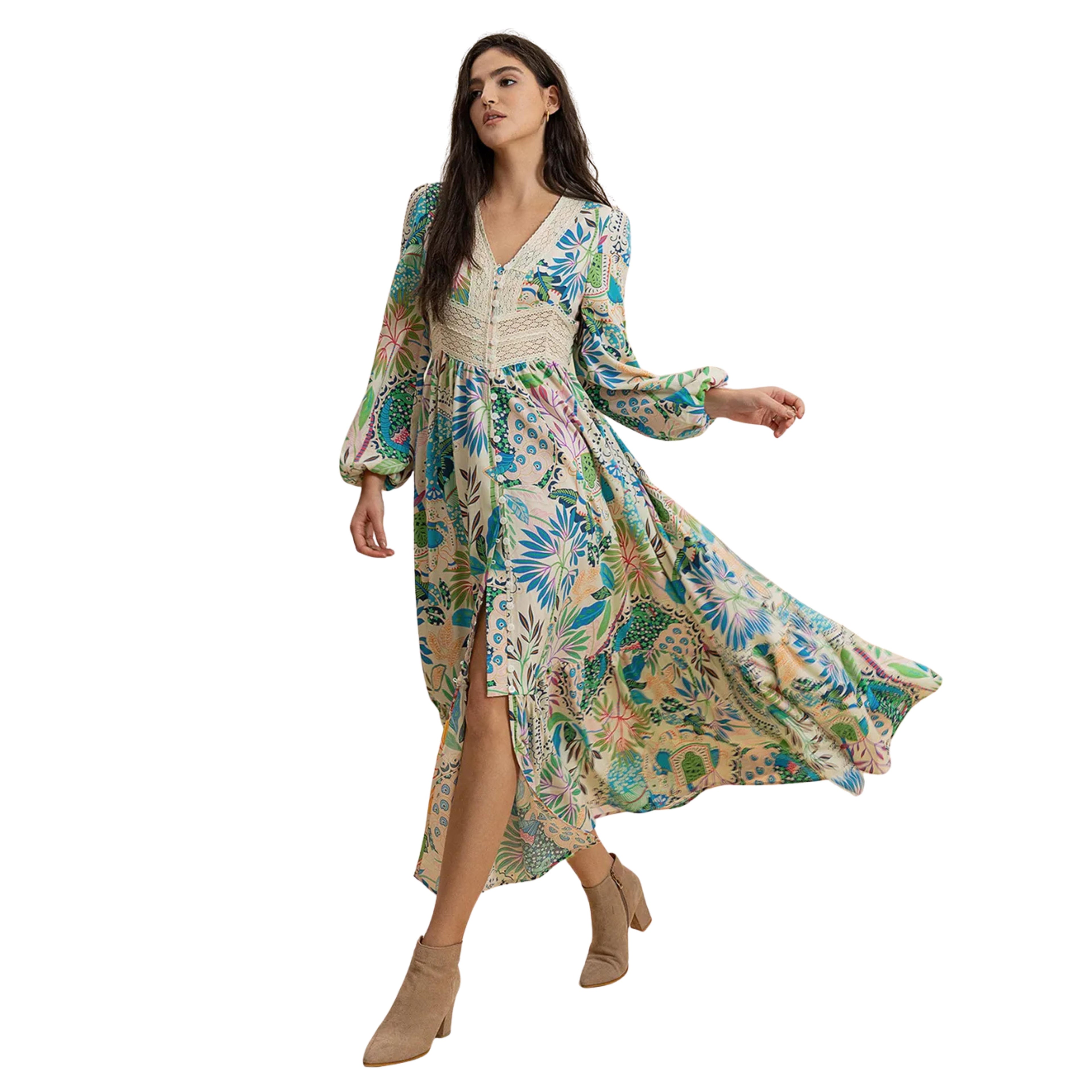 SLIT PRINTED V-NECK LONG SLEEVE MIDI DRESS