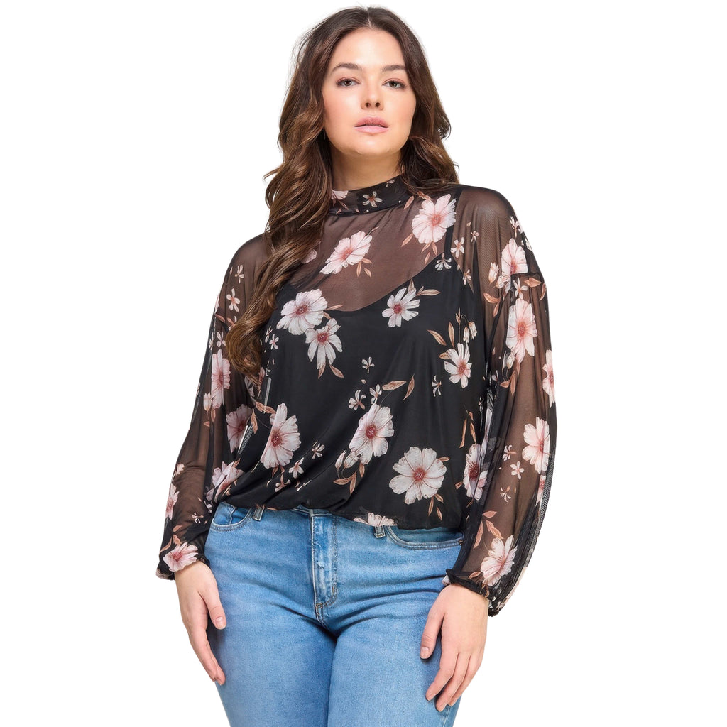 BLOOM MESH TOP – FLORAL SHEER WITH CAMI PLUS SIZE