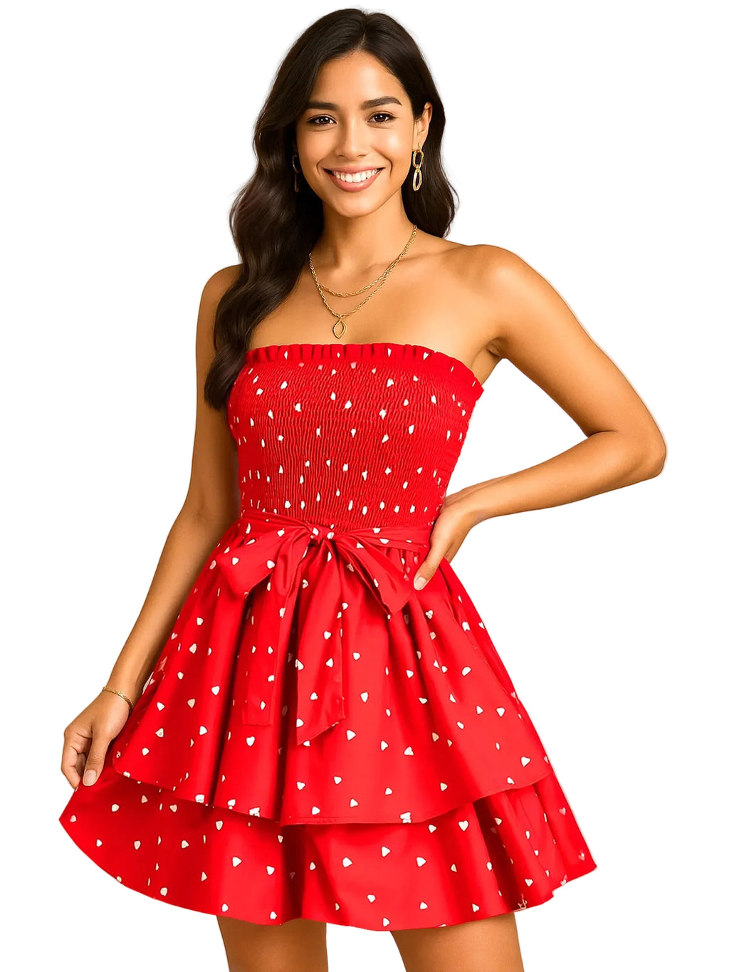 Woman wearing a red strapless dress with white polka dots on a beige background