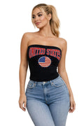 Woman wearing a strapless top with 'United States' and American flag design.