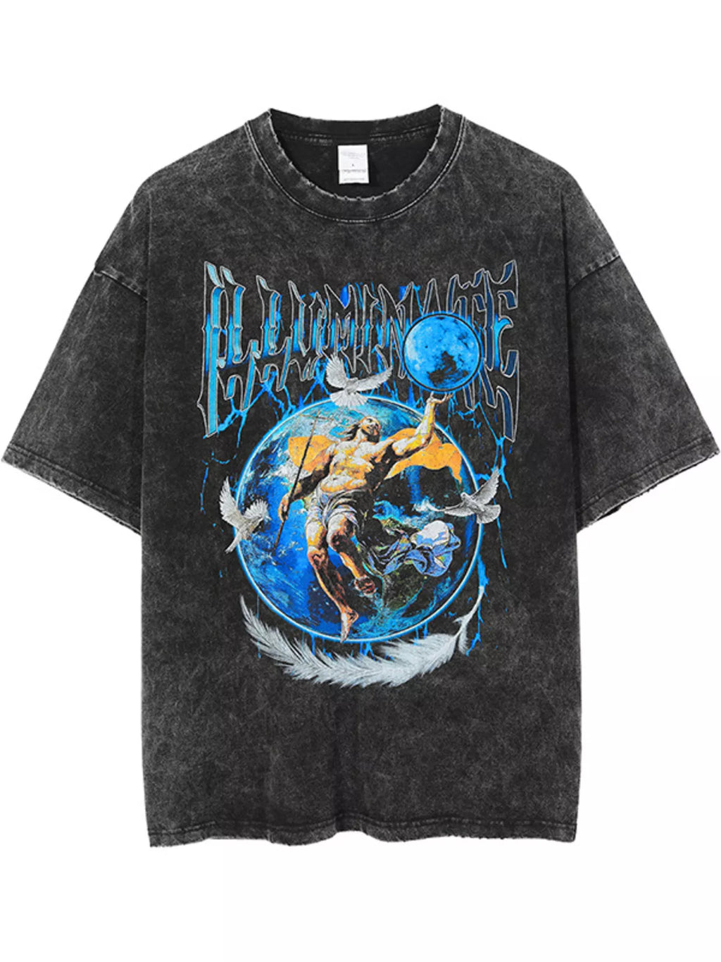 Black t-shirt with graphic design featuring a celestial scene and text on a white background