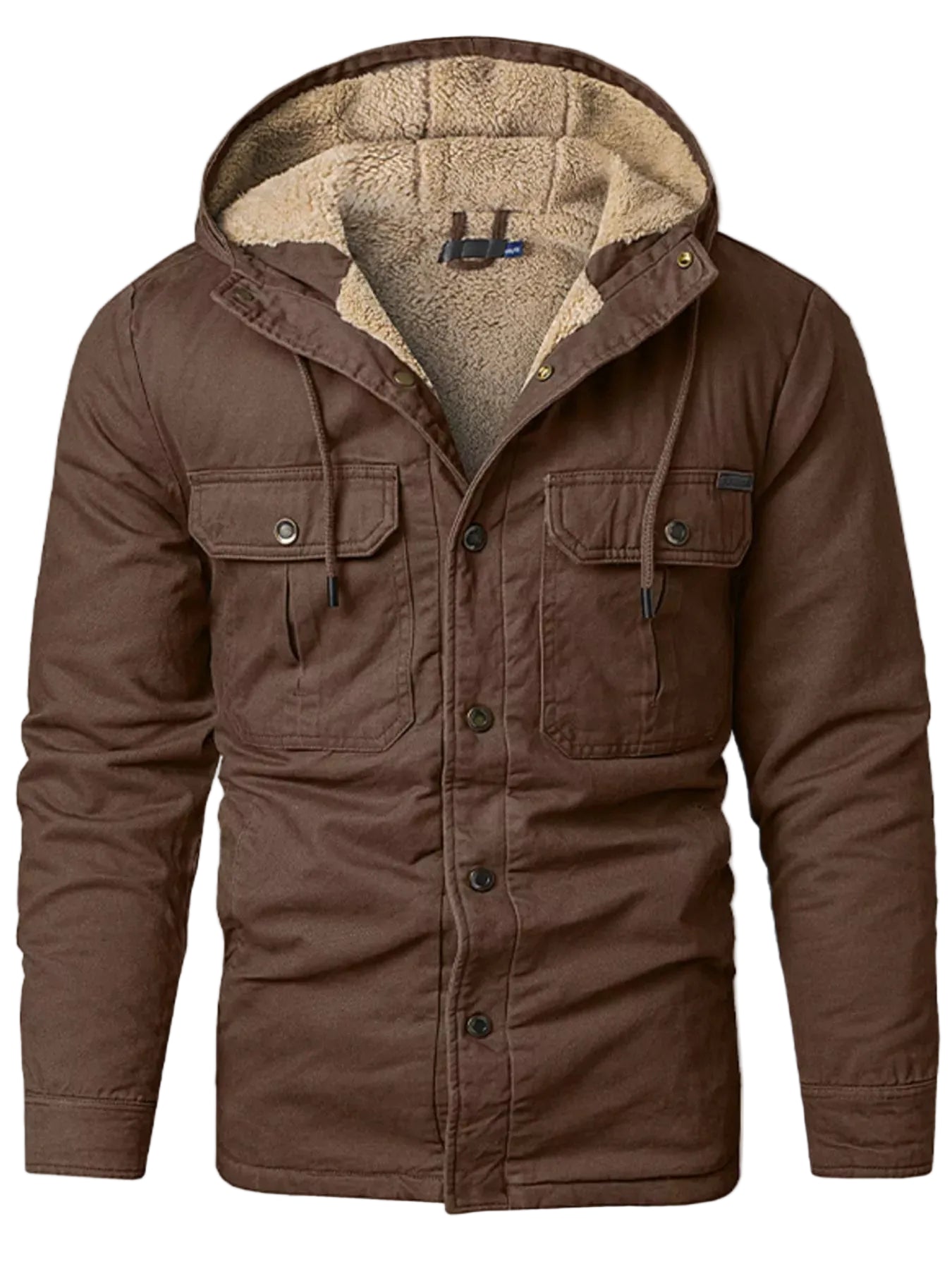 Brown jacket with a hood and button details on a white background