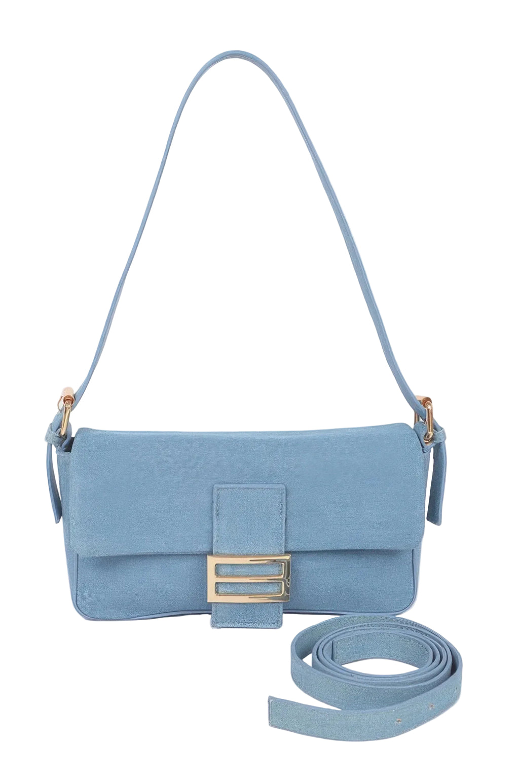 Blue handbag with a strap on a white background