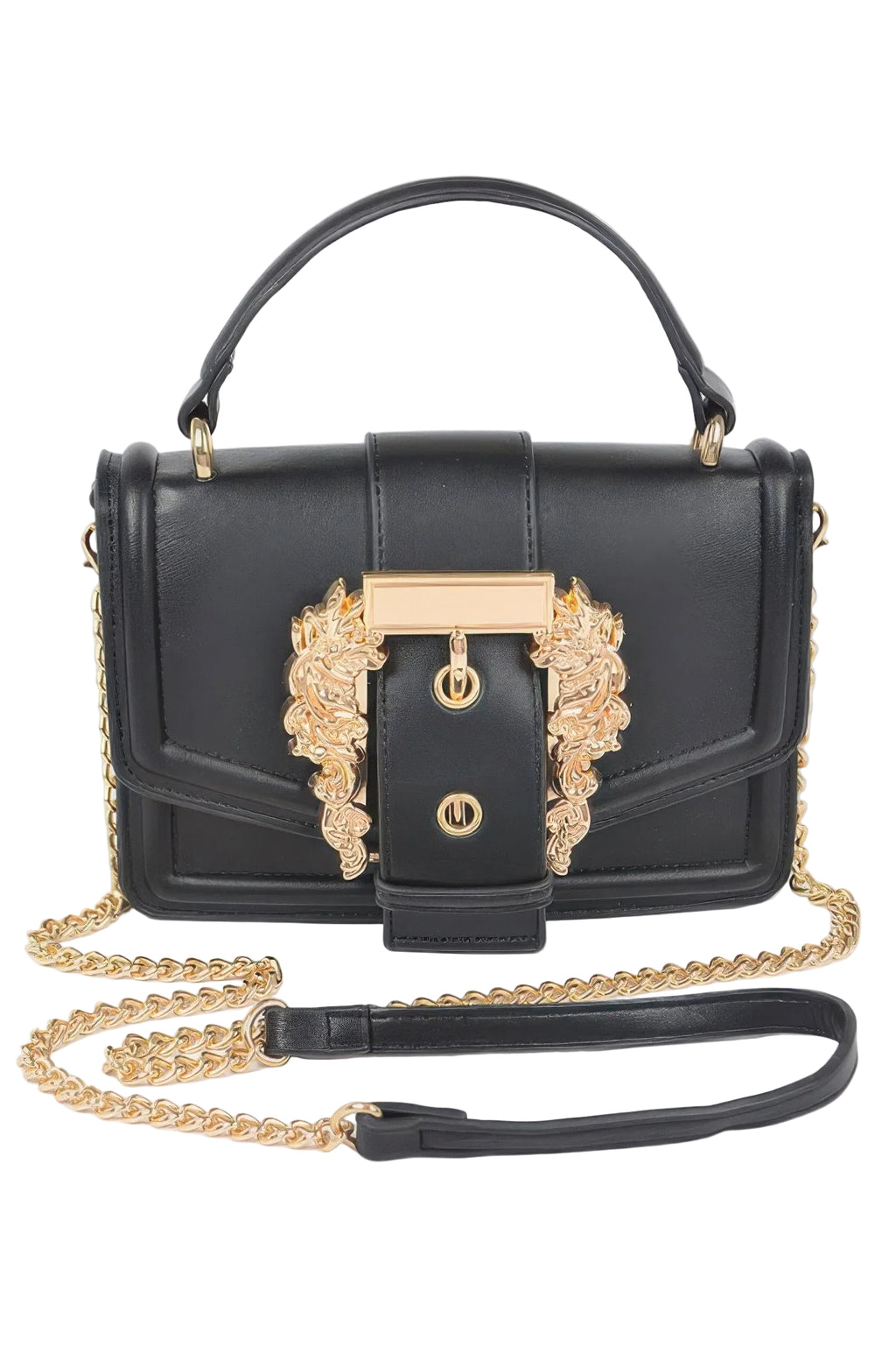 Black handbag with gold accents on a white background