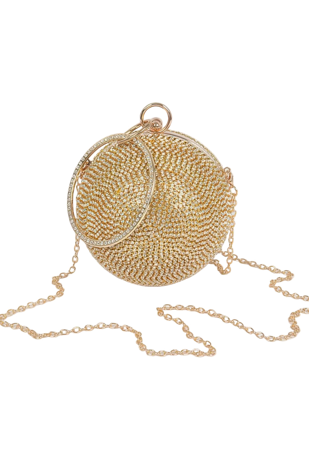 Gold beaded handbag with chain strap on a white background