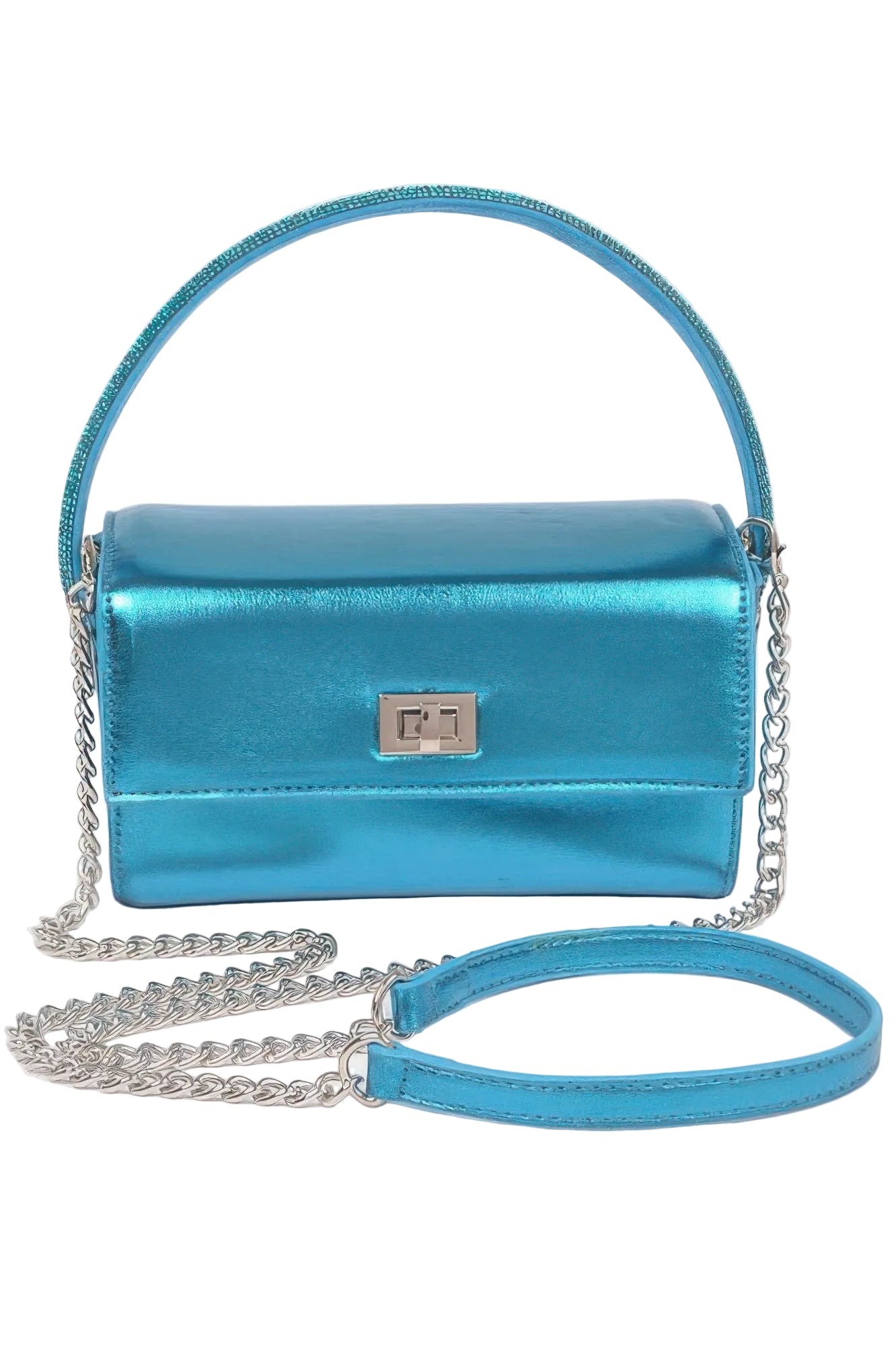 Turquoise handbag with a chain strap on a white background