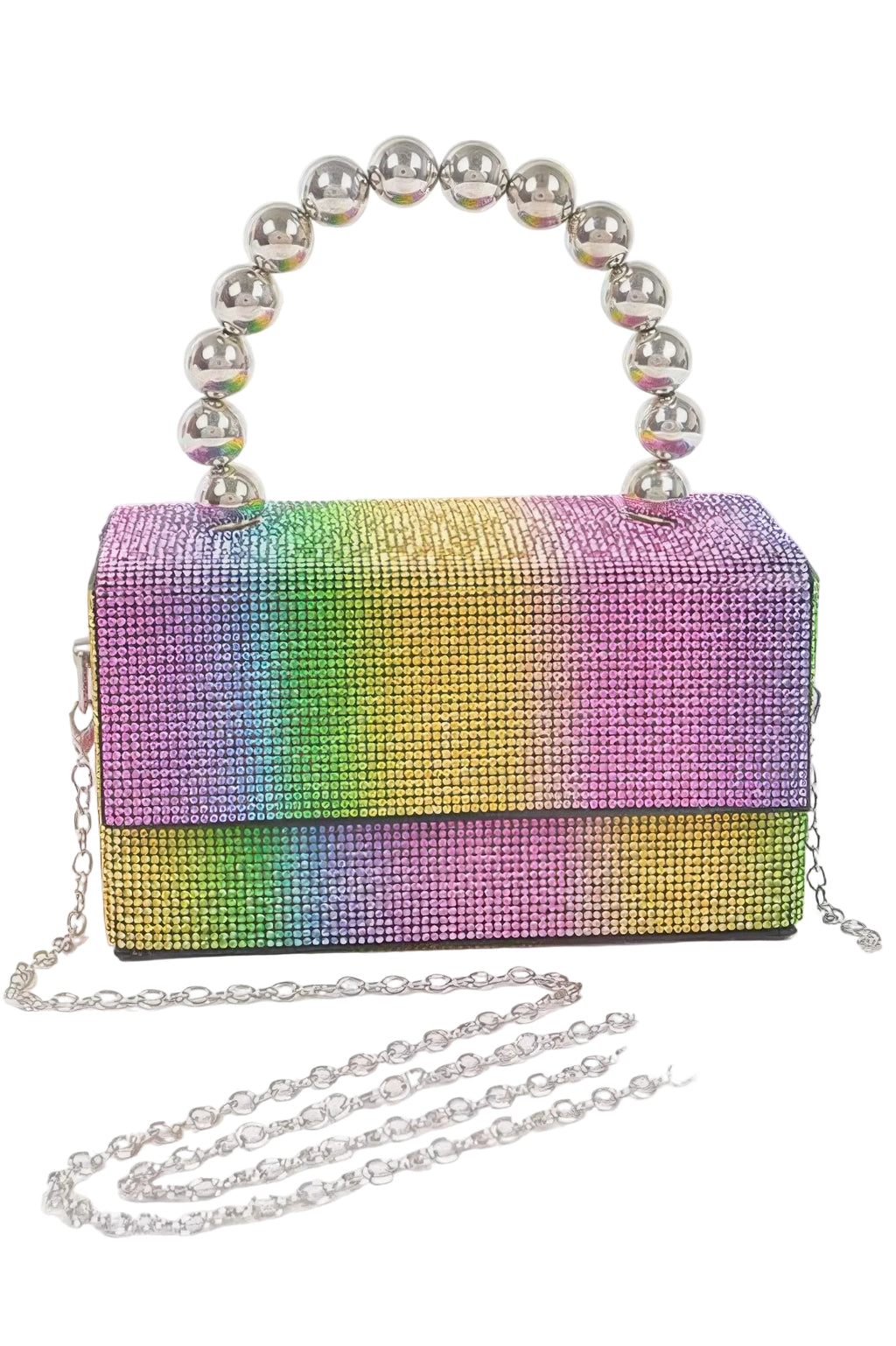 Multicolored handbag with a beaded handle on a white background