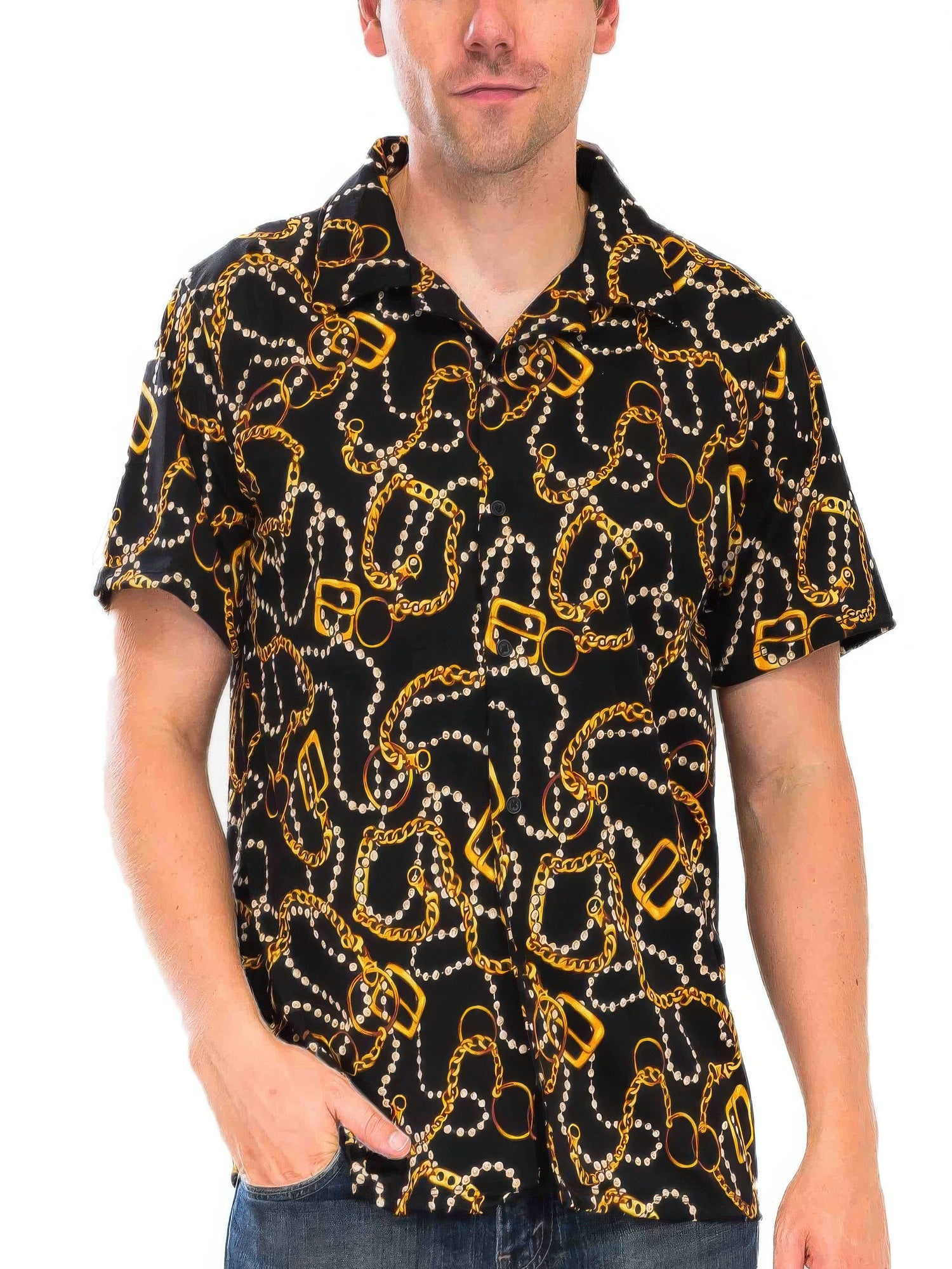 Person wearing a black shirt with gold chain pattern on a white background