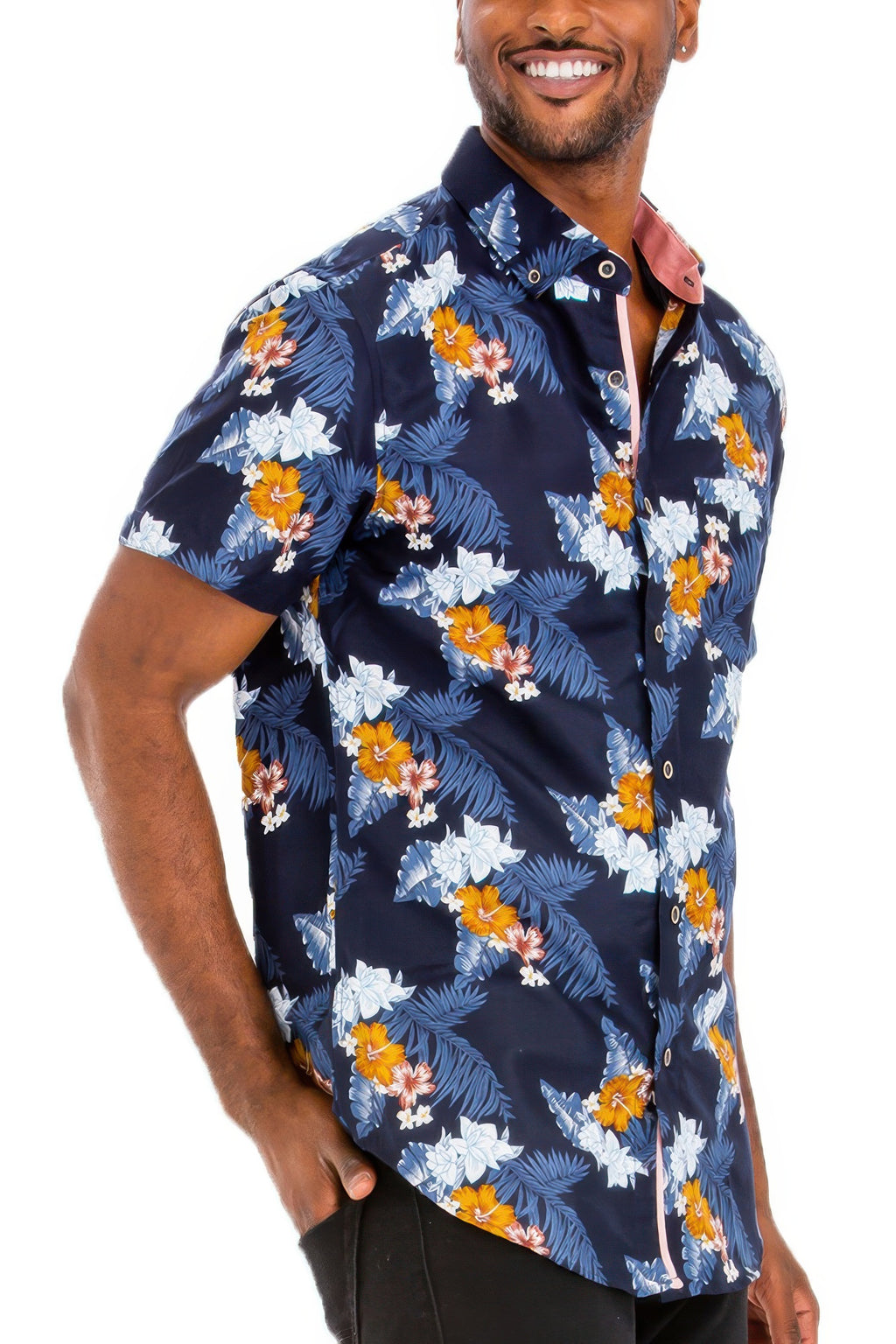 Men wearing a Hawaiian Shirt with white background