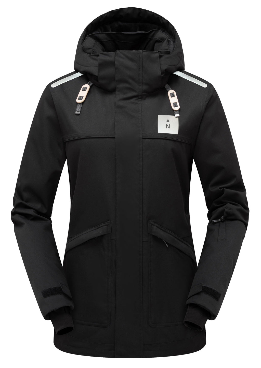 Women's Waterproof Black jacket with white accents on a white background