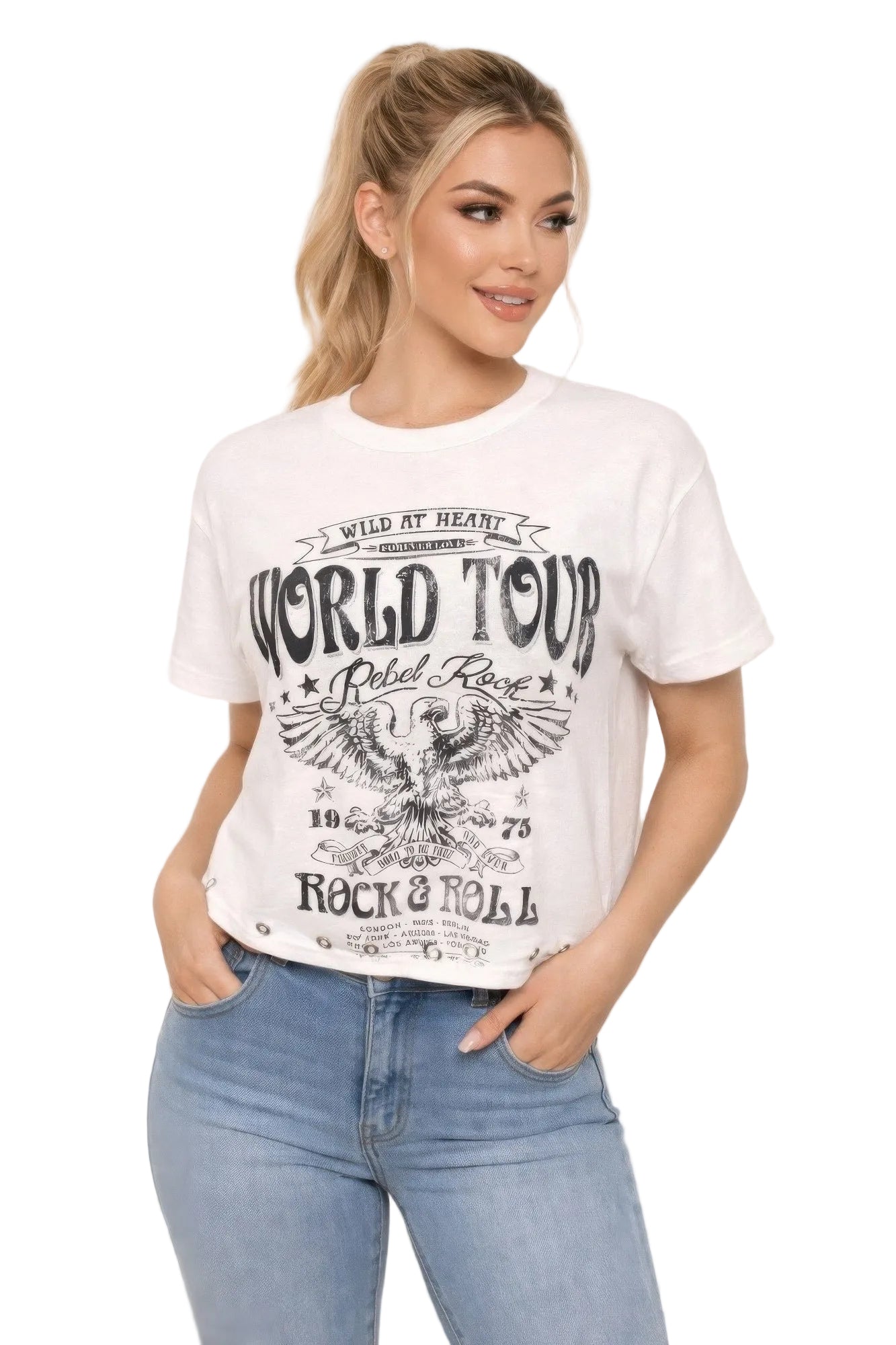 Woman wearing a white t-shirt with graphic design and text, standing against a plain background