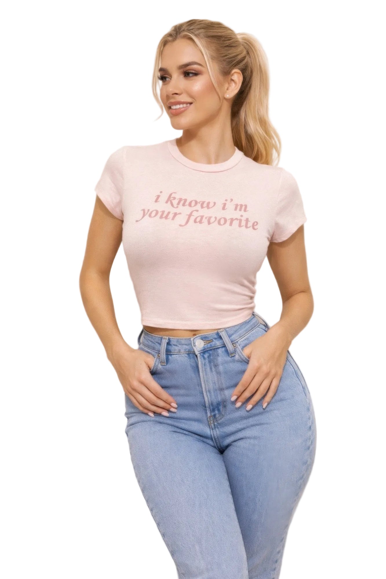 Woman wearing a pink t-shirt with text and blue jeans on a beige background