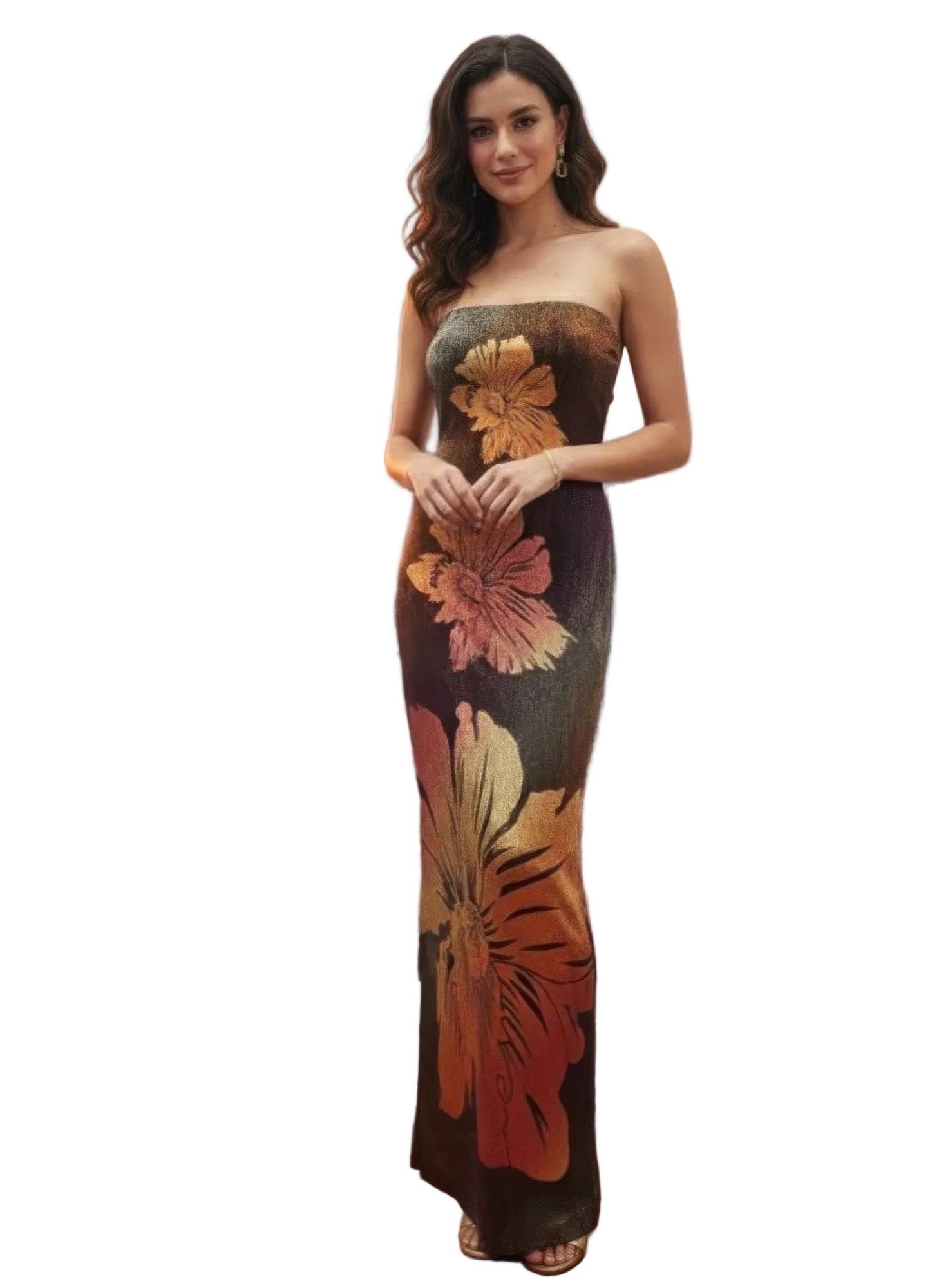 Woman in a floral dress standing in front of a city skyline