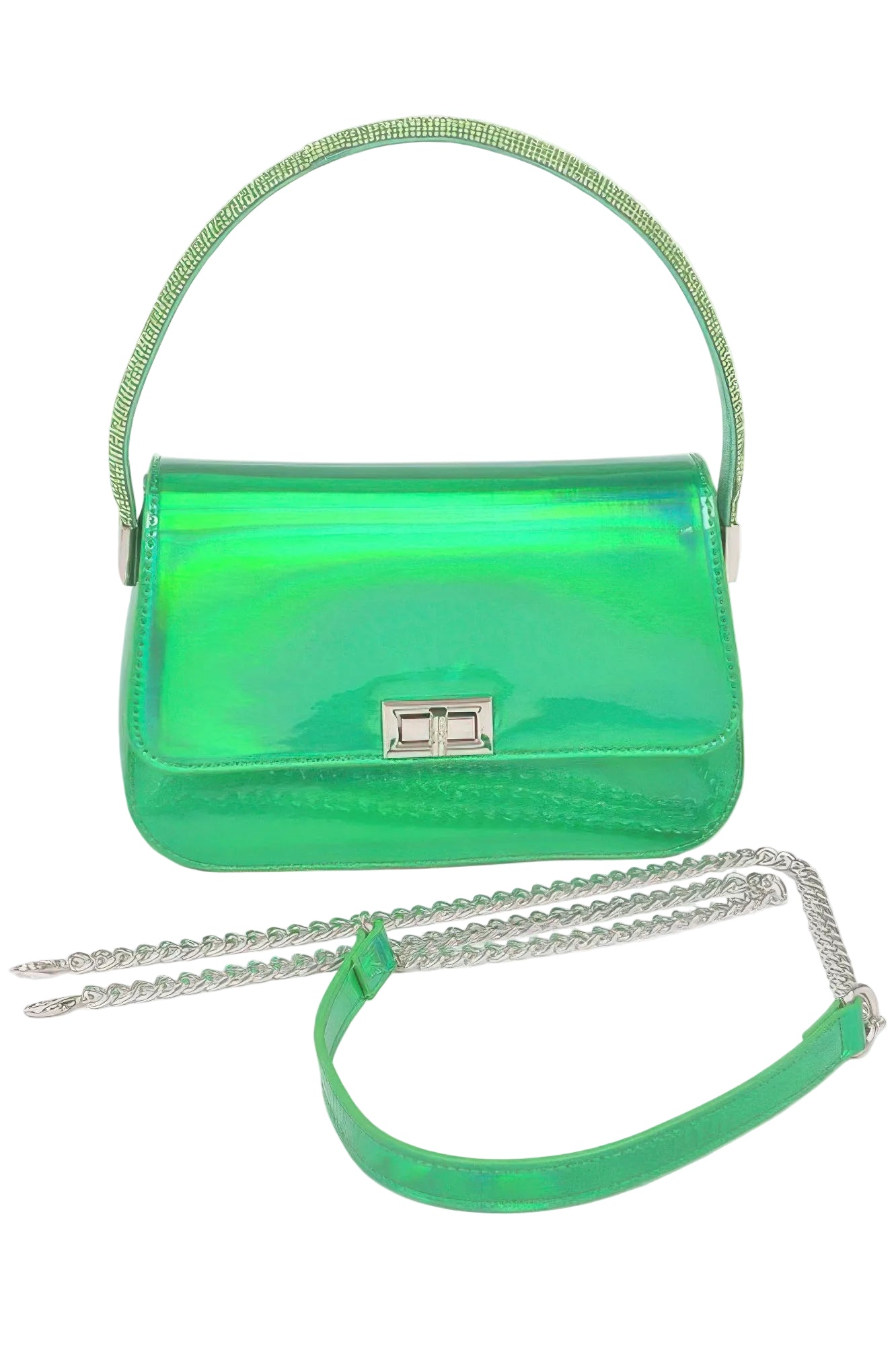 Green handbag with a chain strap on a white background