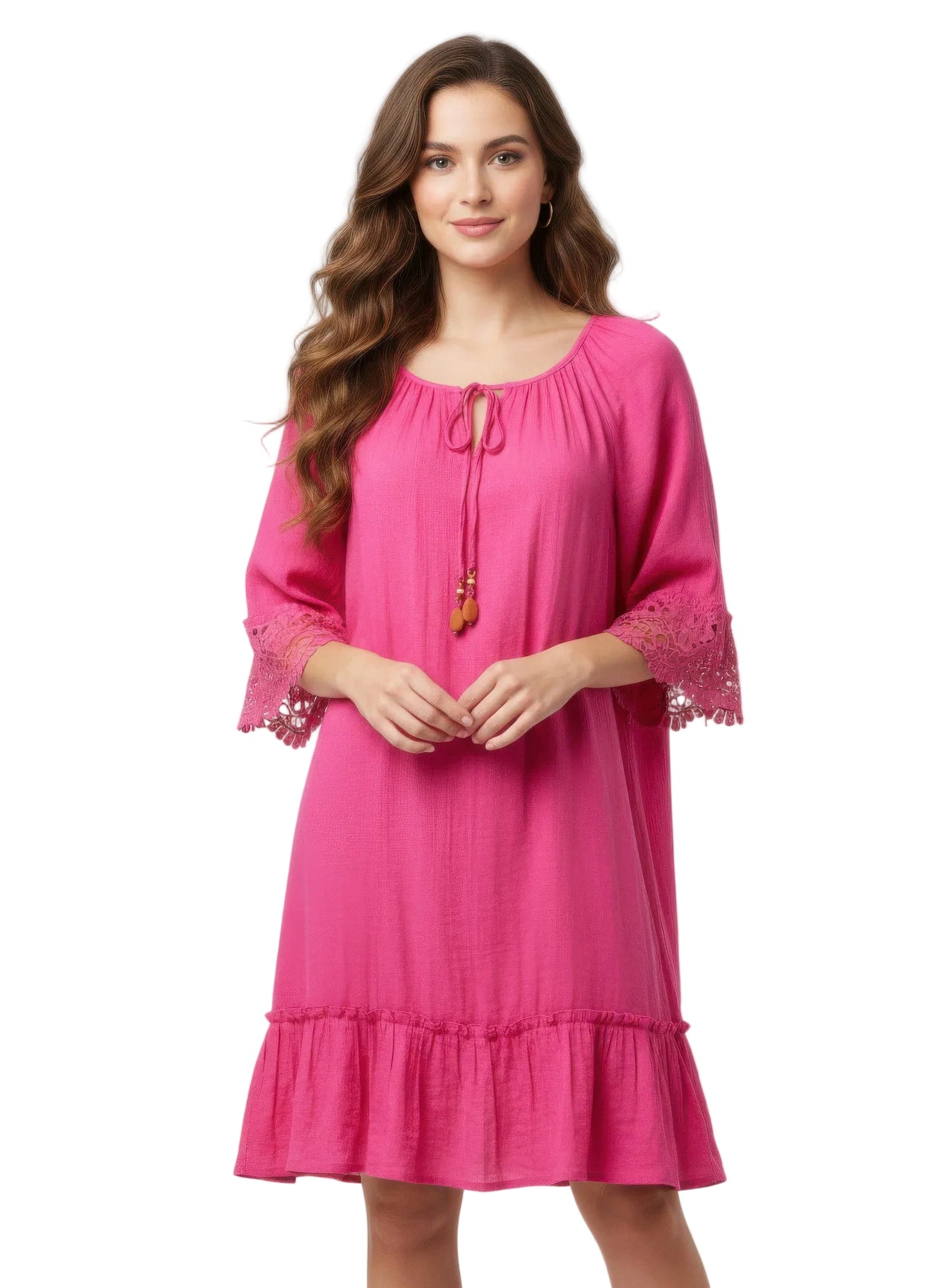 Woman wearing a pink dress with lace sleeves on a white background