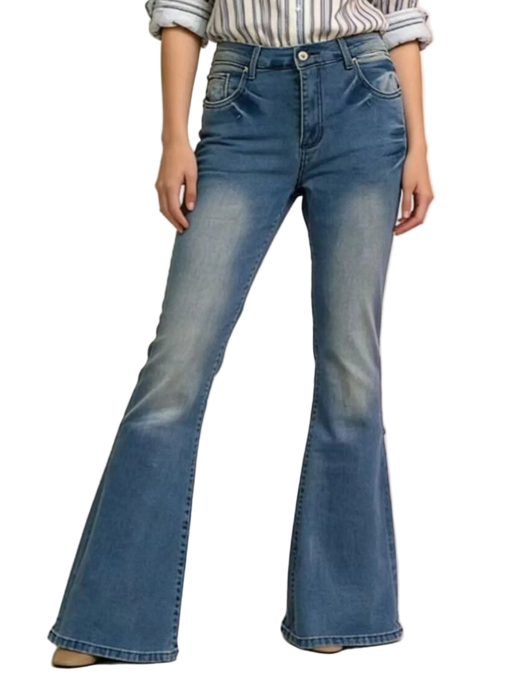 Flared jeans worn by a person on a light pink background