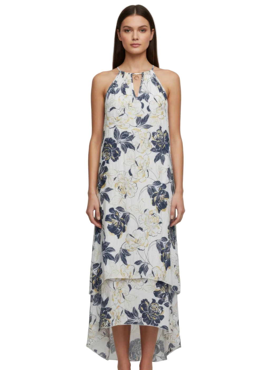 Woman wearing a floral dress on a plain background
