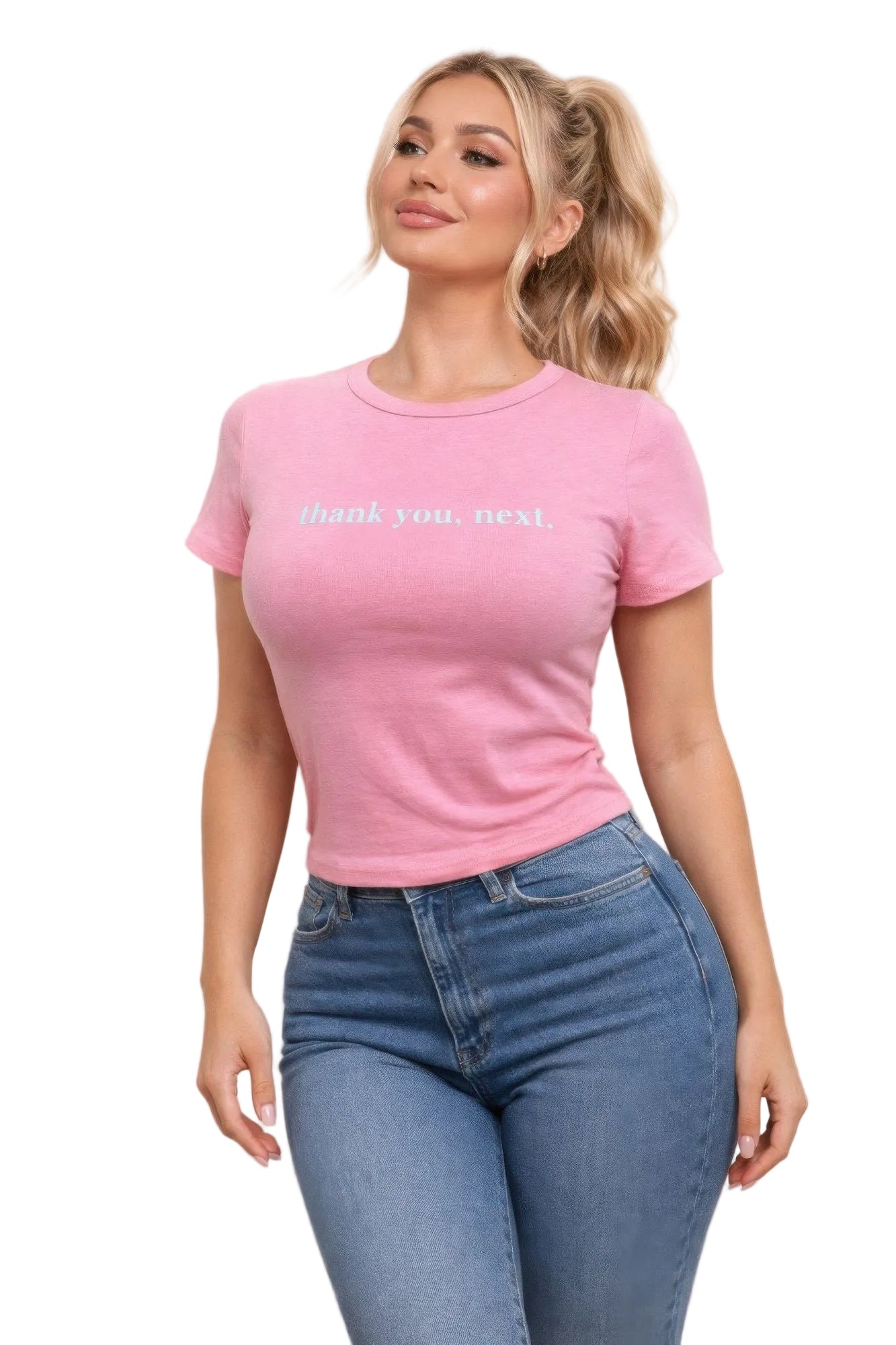 Woman wearing a pink t-shirt with text and blue jeans against a plain background