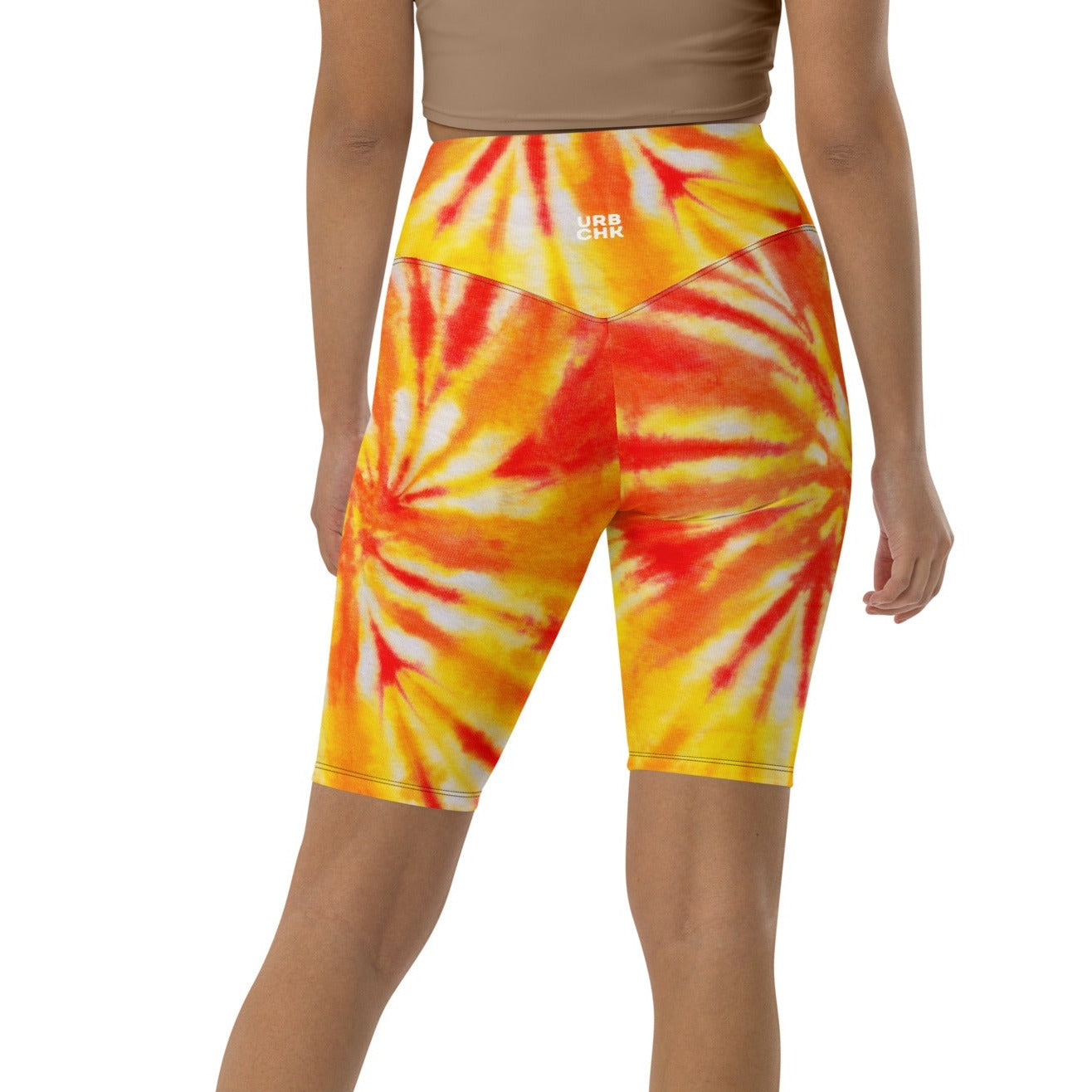 A pair of high-waisted shorts with a colorful sunflower pattern, designed for women.