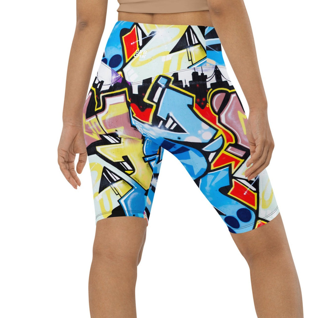 A pair of high-waisted shorts with a colorful pattern, designed for women.
