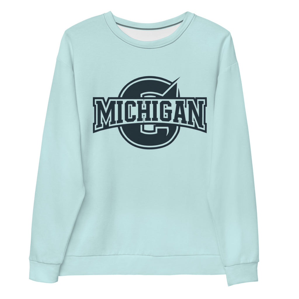 A pullover hoodie in light blue color with 'MICHIGAN' printed in a bold, black circular logo on the front.