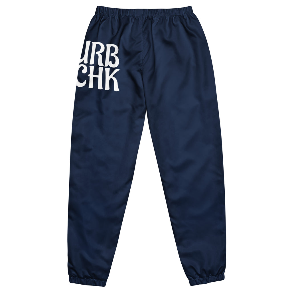 Navy blue track pants with 'URBANITYCHEK' printed in white on the left thigh.