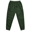 A pair of green women's track pants with elastic waistband and ankle cuffs, featuring drawcord and zip pockets.