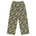 A pair of green wide-leg pants with a floral pattern, featuring side pockets and an elastic waistband with a white drawstring.