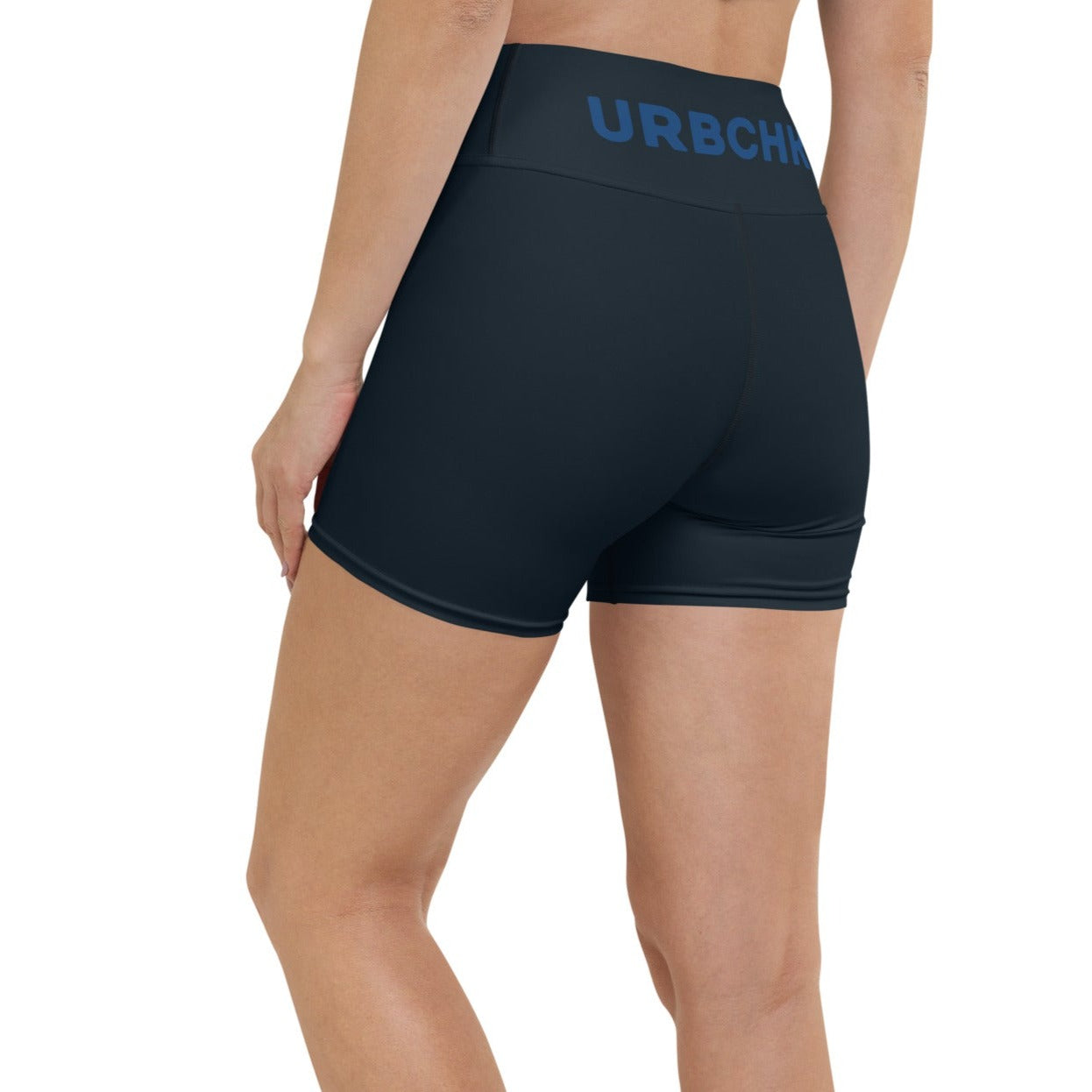 A pair of navy blue performance women's shorts with a high waistband and a visible brand logo on the left thigh area.