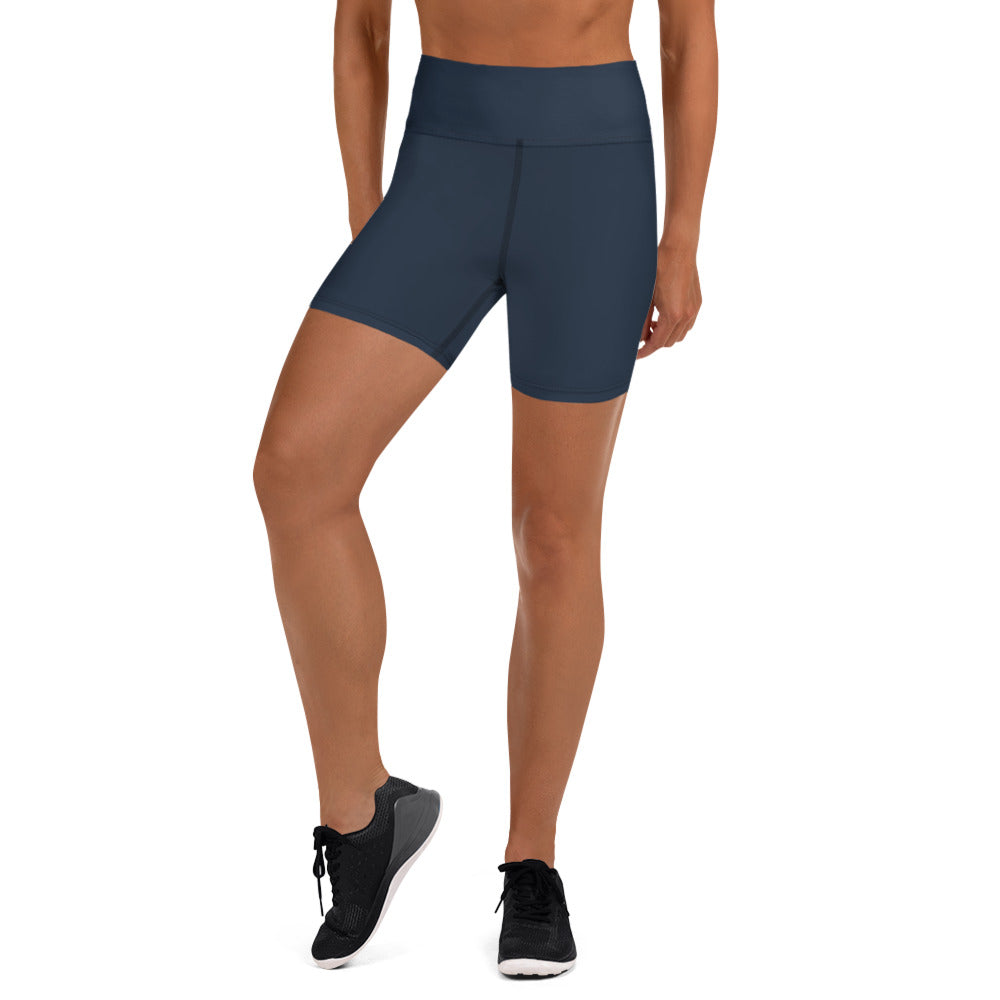 A pair of navy blue activewear shorts with a high waistband, designed for women. The shorts are form-fitting with a four-way stretch fabric and feature a triangle-shaped gusset crotch for added comfort.