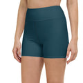 A pair of navy blue premium women's active shorts with a high waistband, designed for workout and activewear.