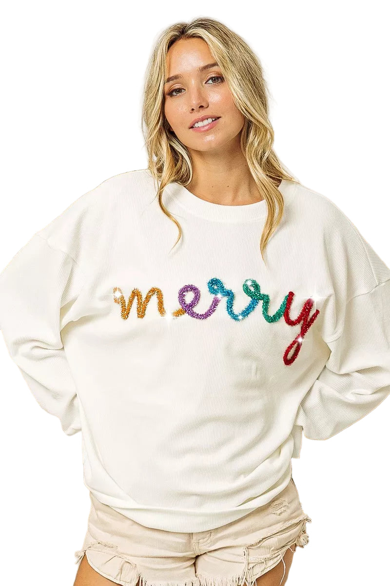 Women Wearing Merry Sweatshirt