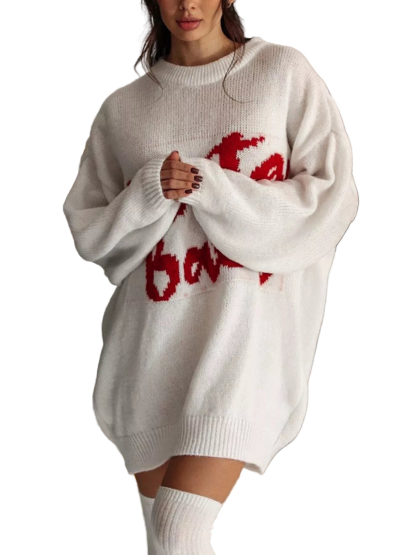 Women wearing sweater dress with white background