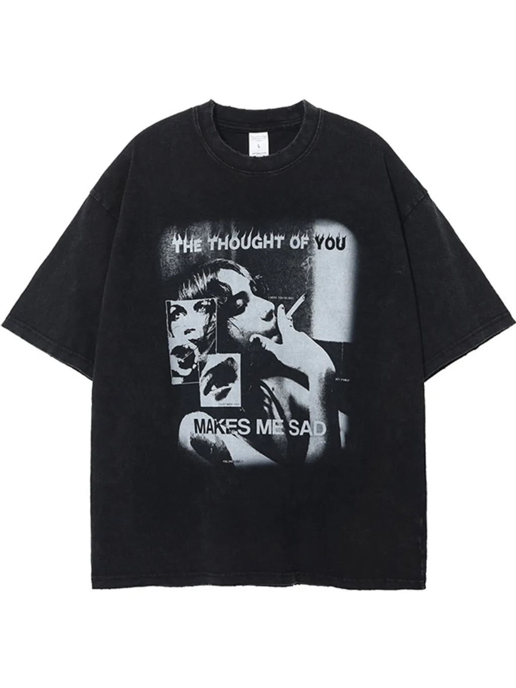 Black t-shirt with graphic design and text on a white background