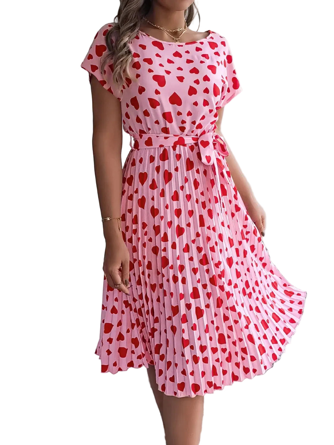 Heart Print Short Sleeve Tie Waist Dress