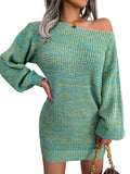 Green and yellow knitted off-shoulder dress worn by a person.