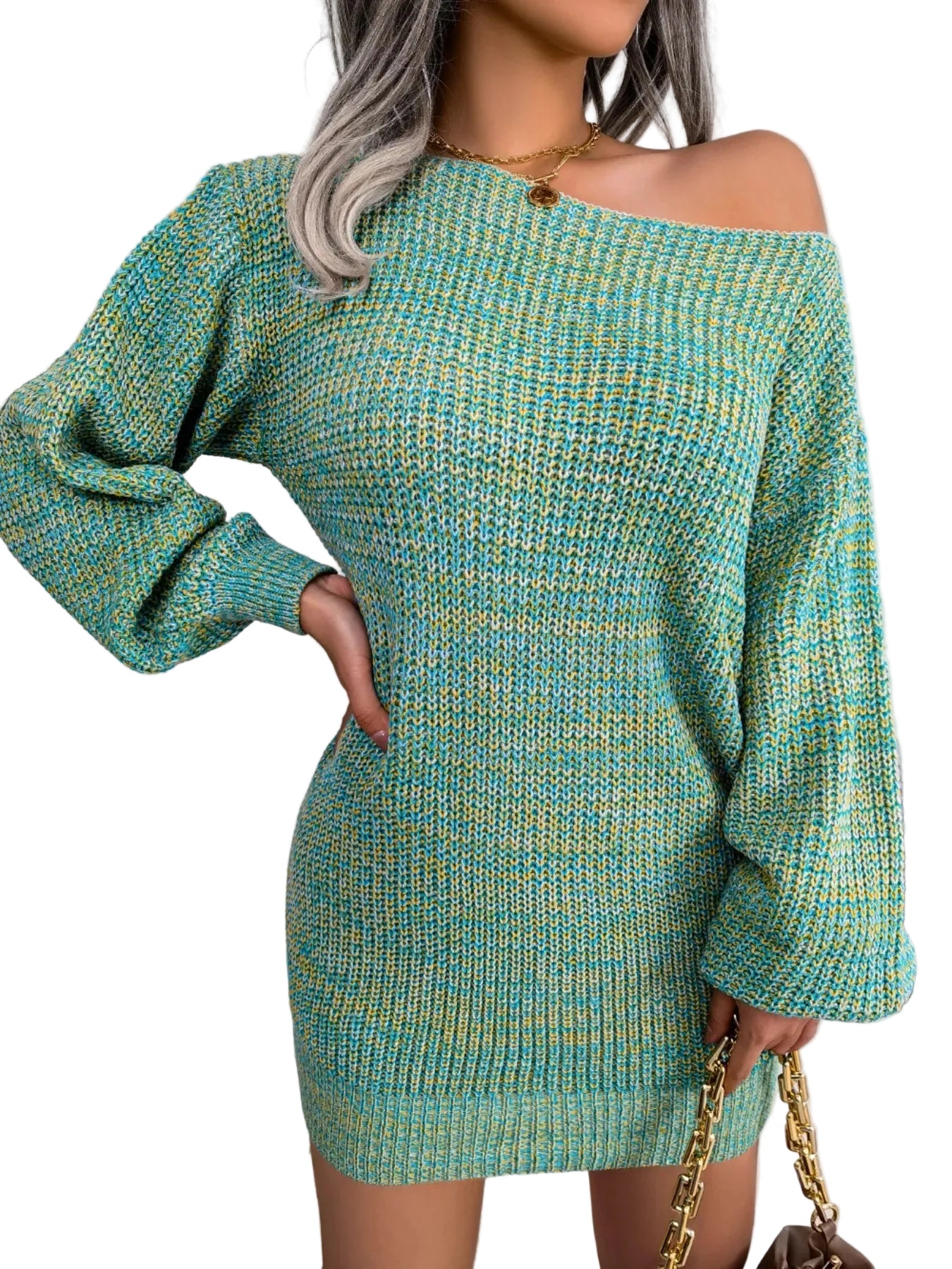 Green and yellow knitted off-shoulder dress worn by a person.
