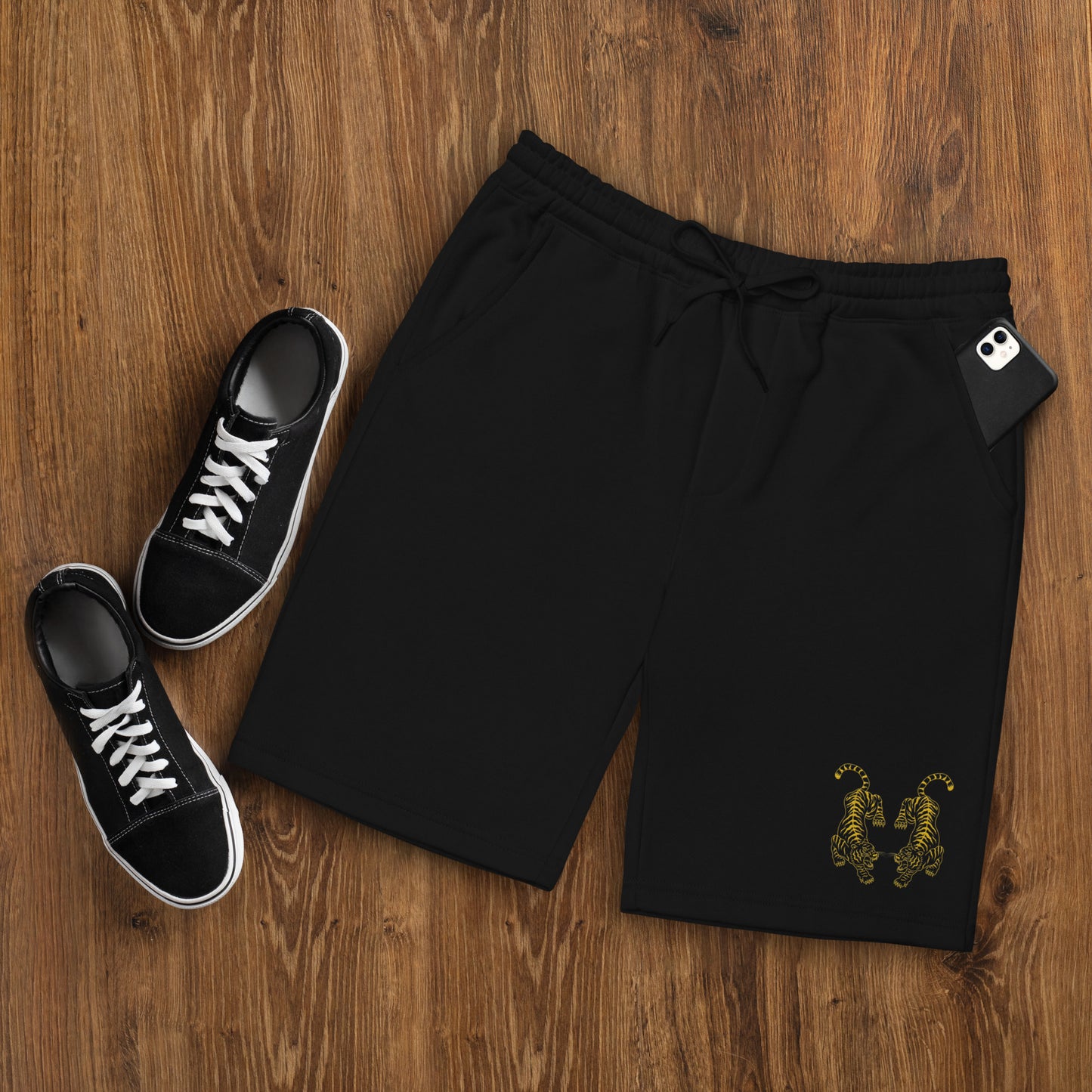 MEN'S CASUAL FLEECE SHORTS EMBROIDERED TIGER DESIGN