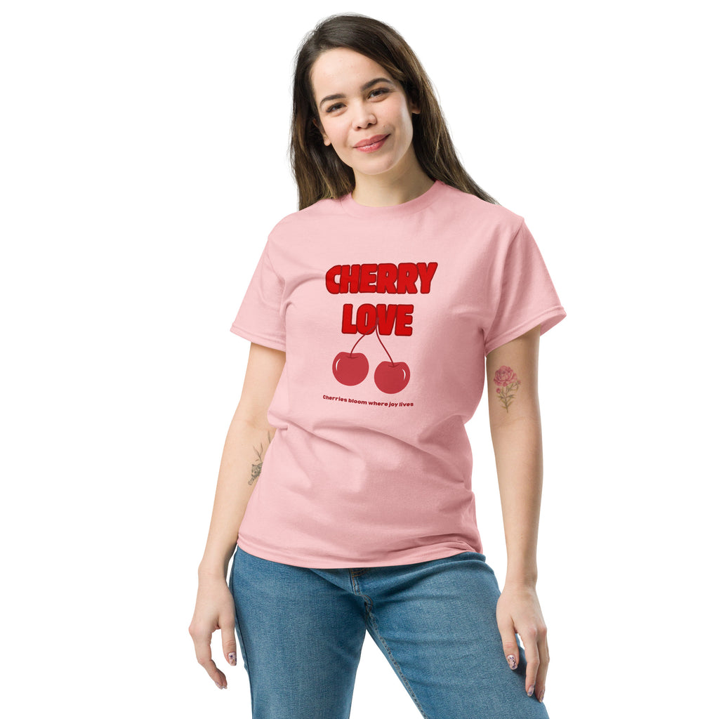 Women wearing a cherry print pink t-shirt with white background