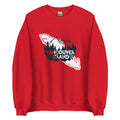 A red sweatshirt with a white and red map design of Vancouver Island on the front.