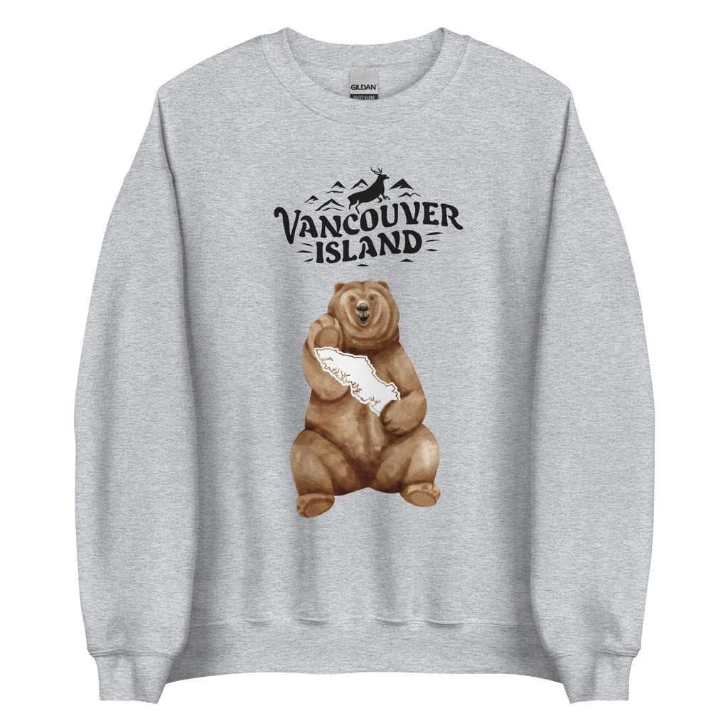 A gray crewneck sweatshirt with an illustration of a bear holding fish on the front, and the text 'VANCOUVER ISLAND' below it.