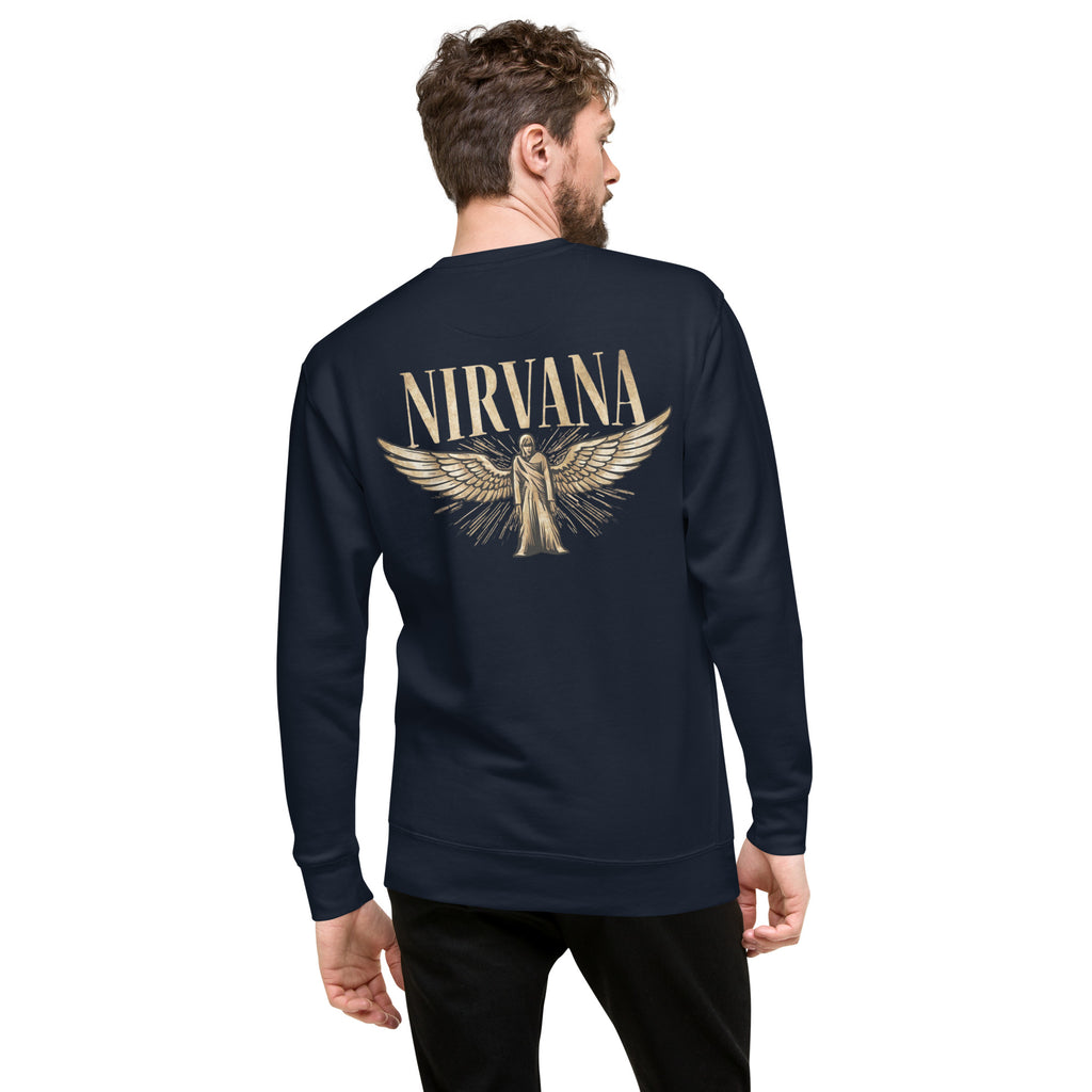 A man wearing a black long-sleeve crewneck sweatshirt with 'NIRVANA' text in gold on the back.