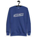 A blue crew neck pullover sweatshirt with 'Carolina' text embroidered on the front.